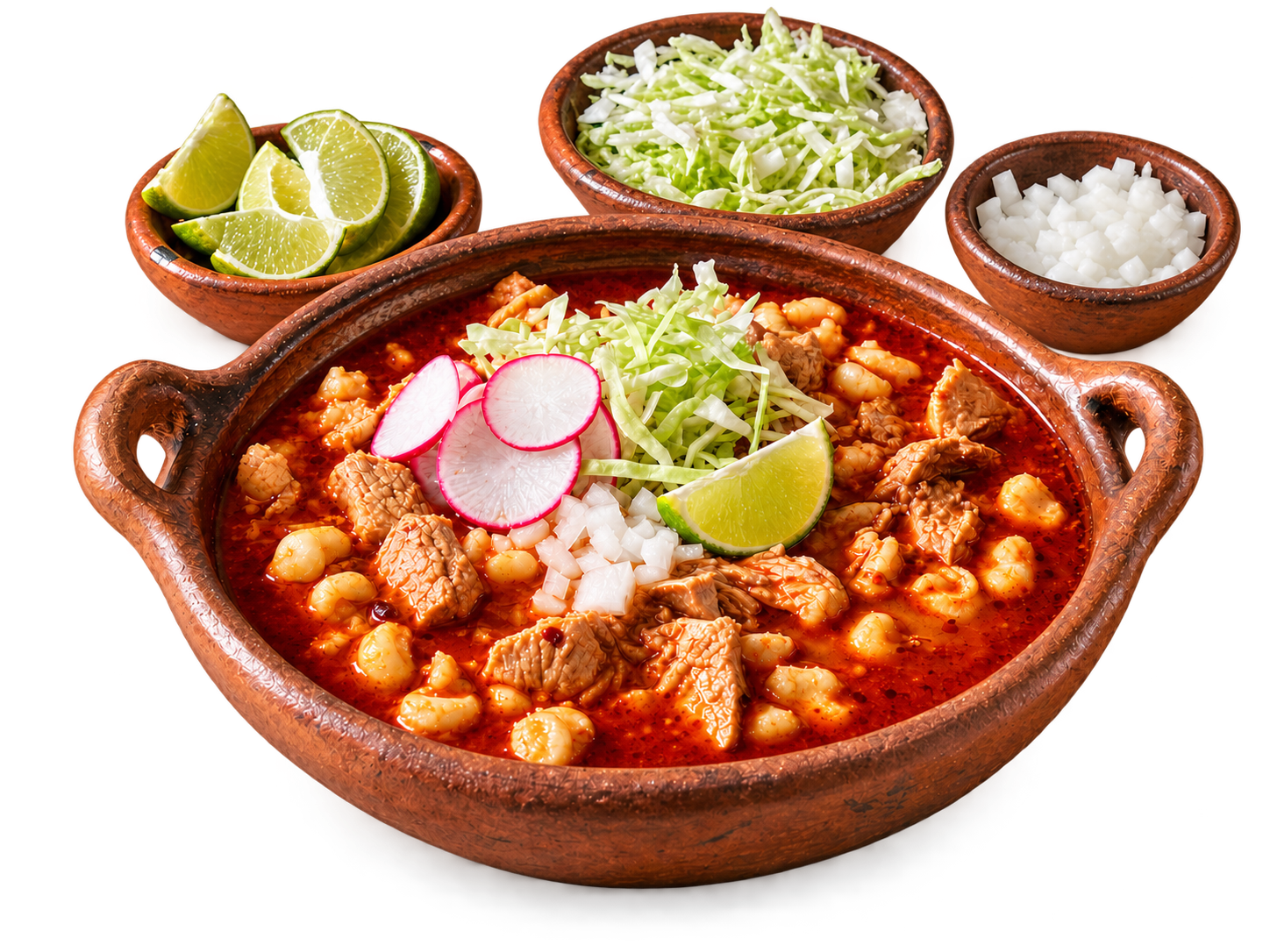 Pozole in a clay bowl with cabbage, lime and fresh garnishes